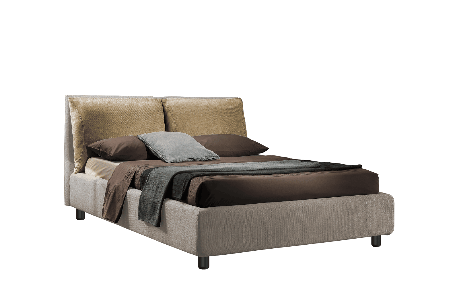 Letto contenitore Osaka Plus tessuto antimacchia 2950 541 nocciola e cuscini in microfibra effetto pelle 2821 526 tortora 160x195 Outlet